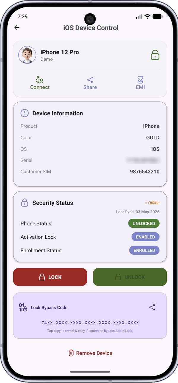 FDL iOS device control screen with security status and lock