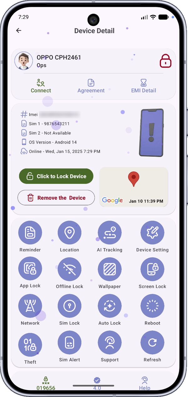 FDL device detail screen with lock, reminder and SIM controls